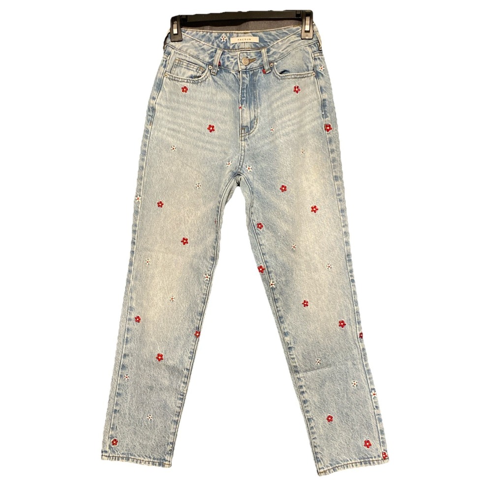 PacSun Women's Daisy Flower Embroidered Mom Jeans Light Blue Denim Size 24